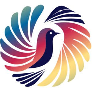 Charind Parind logo featuring a stylized, colorful bird at the center, surrounded by vibrant, abstract wing-like shapes in shades of blue, red, yellow, and orange, symbolizing freedom, diversity, and harmony in bird care and trade