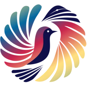 Charind Parind logo featuring a stylized, colorful bird at the center, surrounded by vibrant, abstract wing-like shapes in shades of blue, red, yellow, and orange, symbolizing freedom, diversity, and harmony in bird care and trade